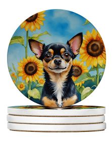 Chihuahua in Sunflowers Large Sandstone Coasters Pack of 4 Absorbent Round Coasters Decor Gifts for Men or Women, 4 in, Multicolor