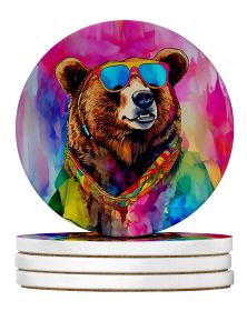 Hippie Animal Grizzly Bear Large Sandstone Coasters Pack of 4 Absorbent Round Coasters Decor Gifts for Men or Women, 4 in, Multicolor